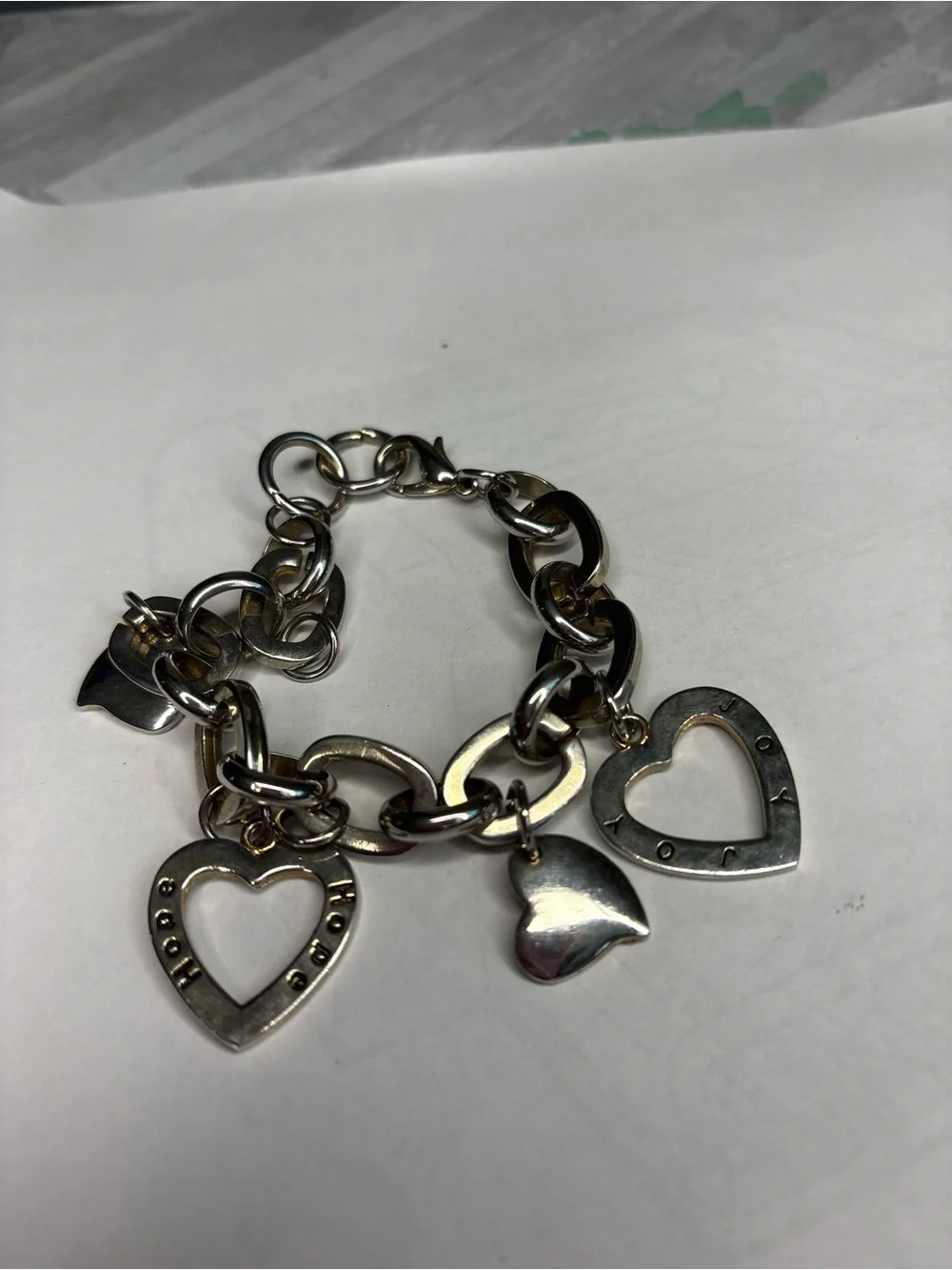 Chunky Heart Charm Bracelet Hope Joy Inspirational Silver Tone Jewelry